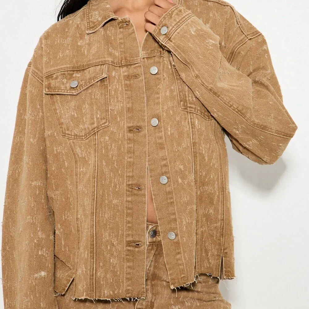 Brown Casual Women's Oversized Denim Trucker Jacket